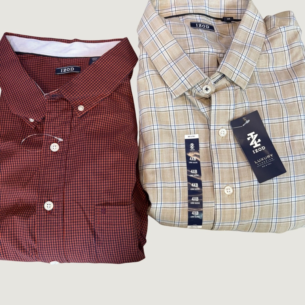 Lot of 2 IZOD Big & Tall Shirts 4XB Luxury Classics Plaid Check Long Sleeve NWT
